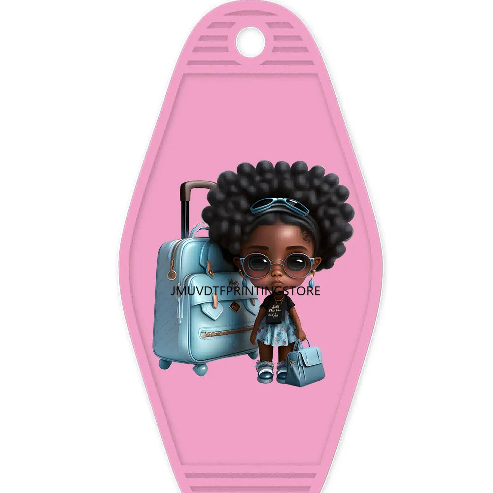 School Melanin Black Girls With Luggage High Quality WaterProof UV DTF Sticker For Motel Hotel Keychain Afro Children