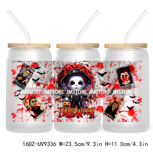 Horror Characters 16OZ UV Cup Wrap DTF Transfer Stickers For Libbey Glass Can Cups Tumbler Waterproof Labels Halloween Skull