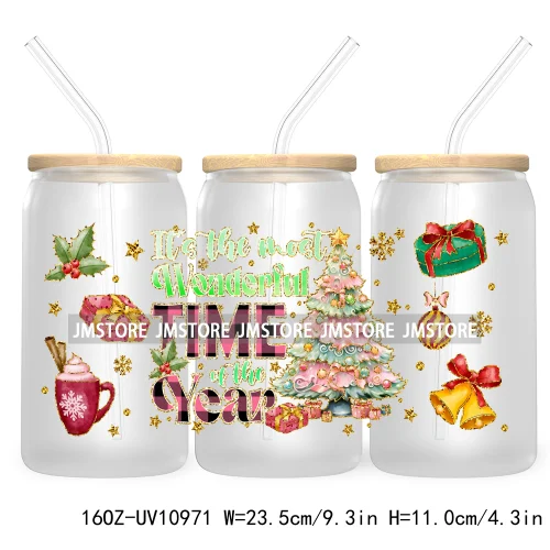 Coquette Glitter Holly Jolly Christmas Tree UV DTF Cup Wrap For Libbey Glass Can Transfer Stickers Waterproof Custom Labels Gift