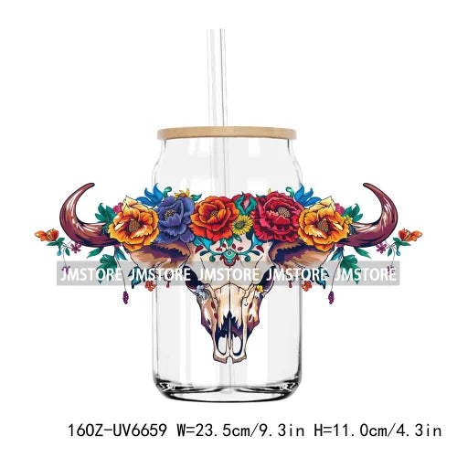 Boho Western Country Cowboy Skull Vibes UV DTF Sticker For 16OZ Libbey Glass Cup Can Wrap Transfer Sticker Custom Label DIY Logo