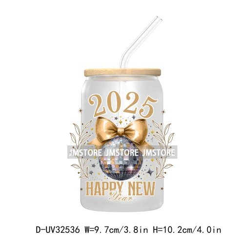 Coquette Bow New Year 2025 Champagne And Chill Party 16OZ UV Cup Wrap DTF Transfer Stickers For Libbey Glass Can Cup Tumbler