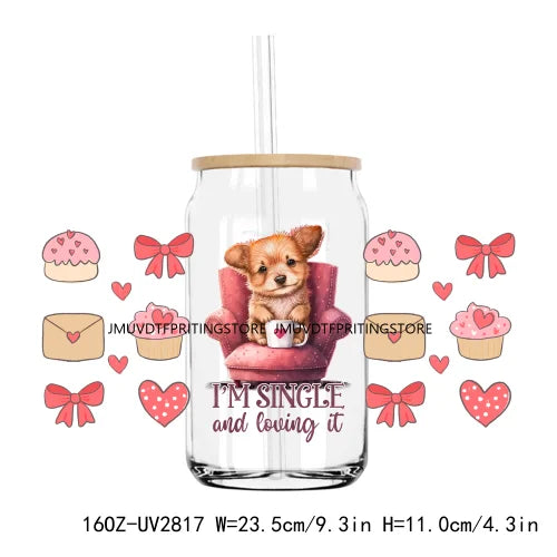 Valentines Teddy Bear With Red Roses UV DTF Sticker For 16OZ Libbey Glass Cup Can Wrap Transfer Sticker Custom Labels DIY Logo