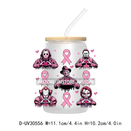 Pink October Breast Cancer Awareness UV DTF Transfer Stickers Decals For Libbey Cold Cups Mugs Tumbler Waterproof Horror Movie