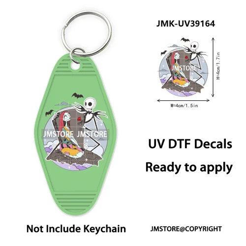 Spooky Halloween Cartoon Character Couple UV DTF Motel Keychain Wrap Ready To Apply Waterproof High Quality Hotel Keychain Decal