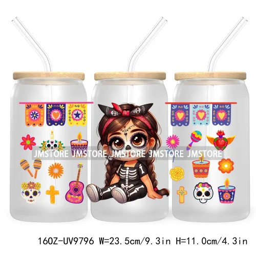 Day Of The Dead 16OZ UV DTF Cup Wrap Transfer Stickers Hispanic Chibi Baby Girl Custom Labels Waterproof For Libbey Glass Can