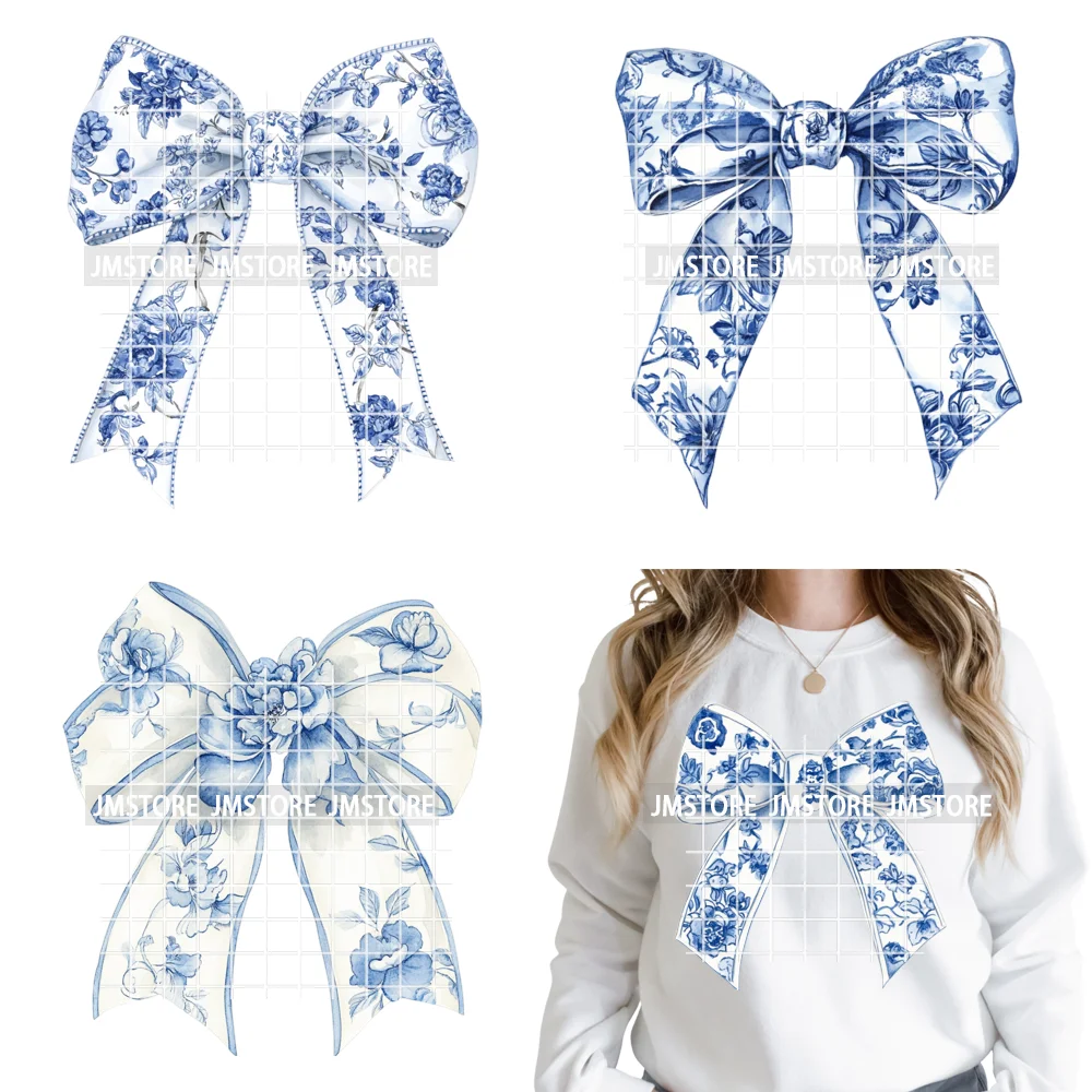 Blue And White Toile Chinoiserie Floral Coquette Bow Thermal Decals Iron on DTF Transfers Stickers Ready to Press for Clothing