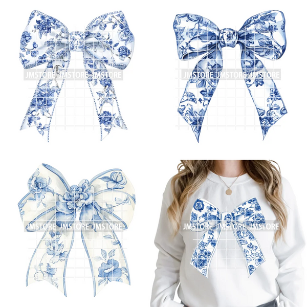 Blue And White Toile Chinoiserie Floral Coquette Bow Thermal Decals Iron on DTF Transfers Stickers Ready to Press for Clothing