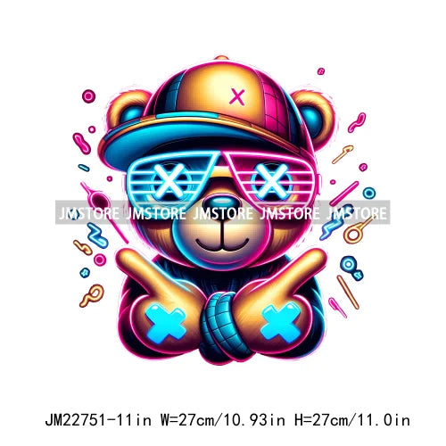 Cool Neon Colorful Hip Hop Streetwear Urban Teddy Bear Iron On DTF Transfers Stickers Ready To Press For Clothing Bags