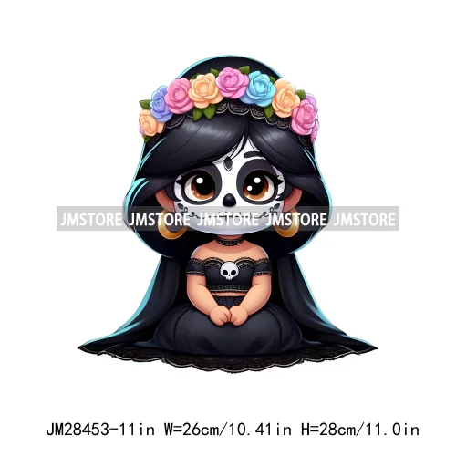 New Day Of The Dead La Catrina Dresses Girls Skull Flower Iron On DTF Transfers Stickers Ready To Press For Sweatshirt Bags