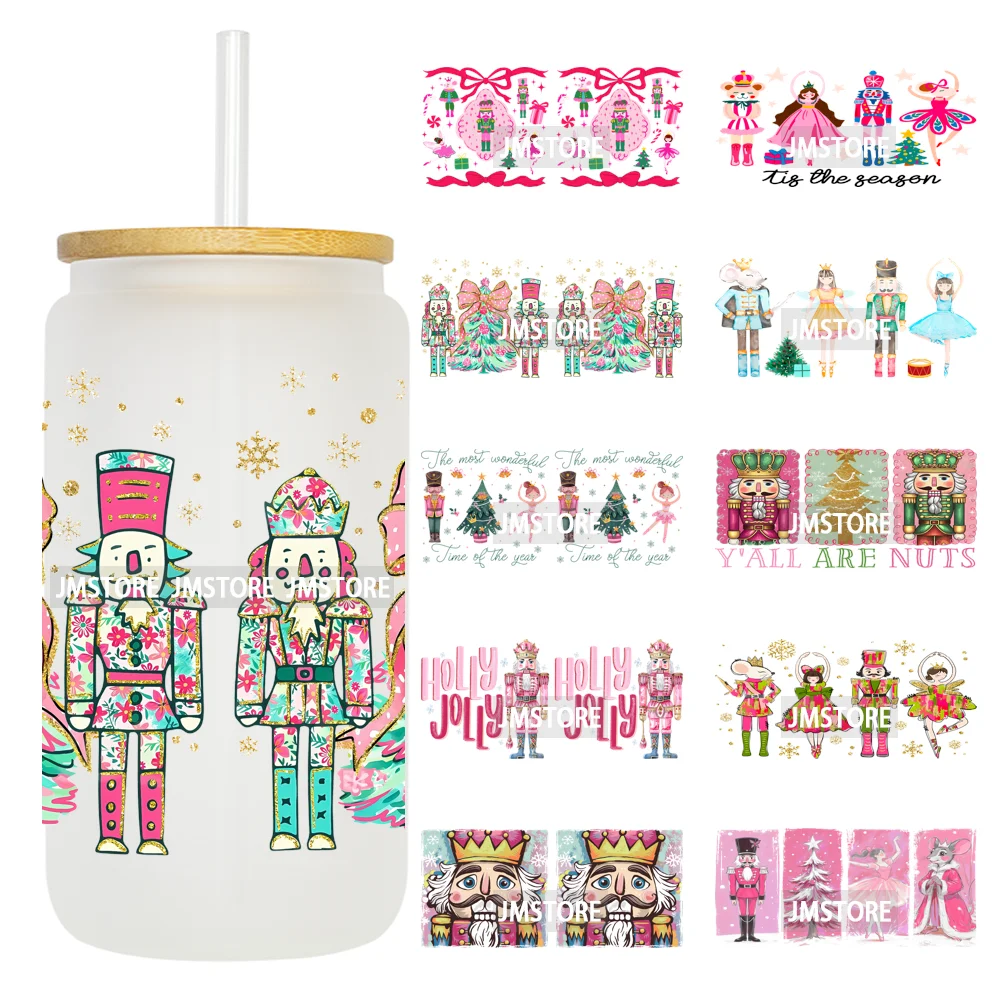 Faux Glitter Preppy Nutcracker Christmas UV DTF Cup Wrap Ready To Apply Transfer Sticker 16OZ Tumbler Wraps For Libbey Glass Can