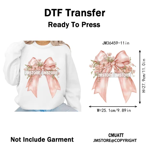 Pink Bow Silk Wedding Coquette Girl Ribbon Tied Printing Iron on DTF Thermal Transfers Stickers Ready to Press for Clothing Bags