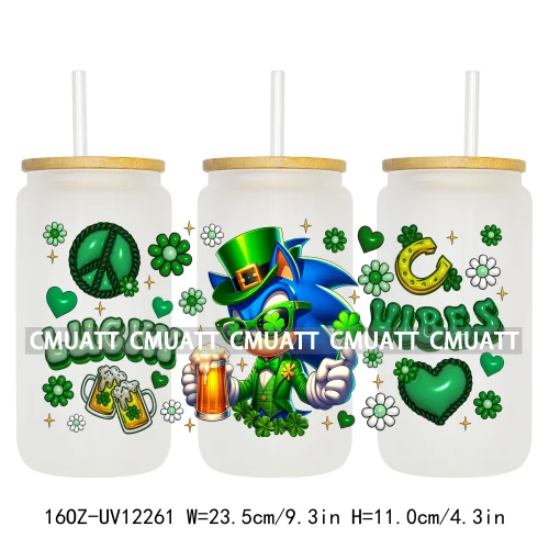 Happy St Patricks Cartoon Princess Characters Feeling Lucky Four Leaf Clover 16OZ UV DTF Cup Wrap Sticker For Libbey Glass Can