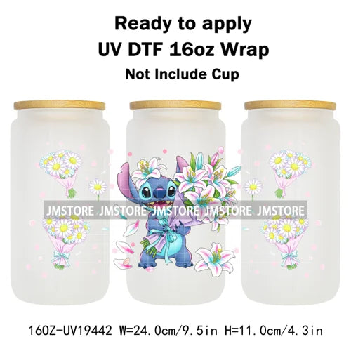 Cartoon Holding Bouquet Flowers UV DTF Cup Wrap Ready To Apply Transfer Stickers Durable 16OZ Tumbler Wraps For Libbey Glass Can