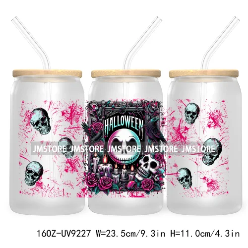 Horror Characters 16OZ UV Cup Wrap DTF Transfer Stickers For Libbey Glass Can Cups Tumbler Waterproof Labels Halloween Skull