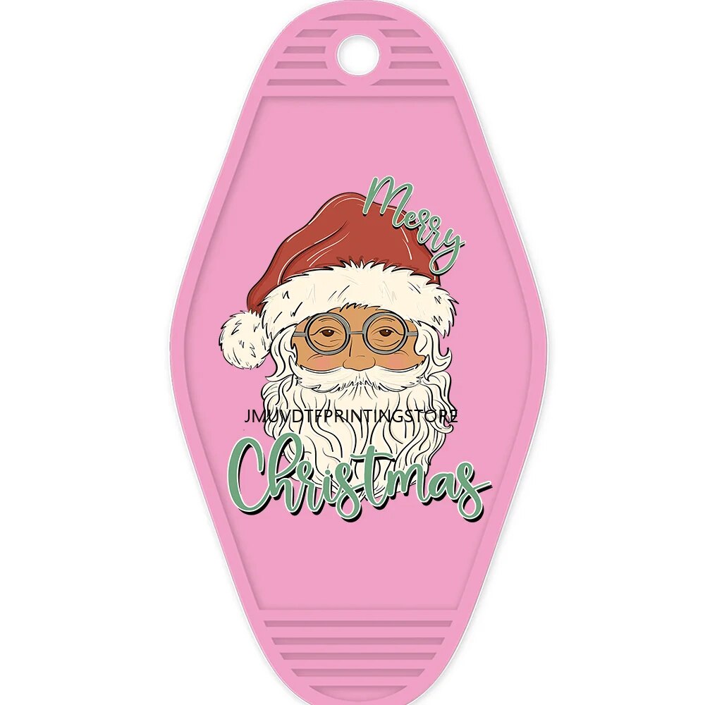 Pink Christmas Santa Claus High Quality WaterProof UV DTF Sticker For Motel Hotel Keychian  Merry Christmas Holiday