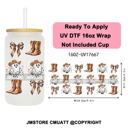 Halloween Fall Autumn Pumpkins Coquette Leopard Bow UV DTF Cup Wrap 16OZ Ready To Apply Transfer Stickers For Libbey Glass Can