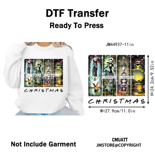 New Nightmare Horror Christmas Movie Characters Lover Iron on Washable DTF Heat Transfers Stickers Ready to Press for Clothes