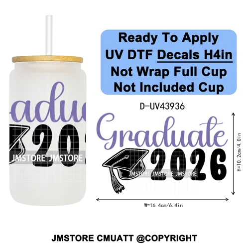 Girly University Graduation 2026 UV DTF Decals Ready To Apply Waterproof Transfer Stickers DIY Crafts For 16OZ Libbey Glass Can