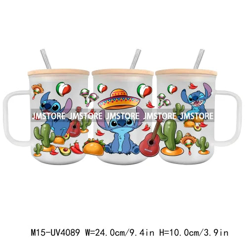 Cartoon Best Friends UV DTF Glass Can Wrap For 15OZ Mug Glass Cup Transfer Stickers DIY Custom Logo Labels Cute Cat Sunflowers