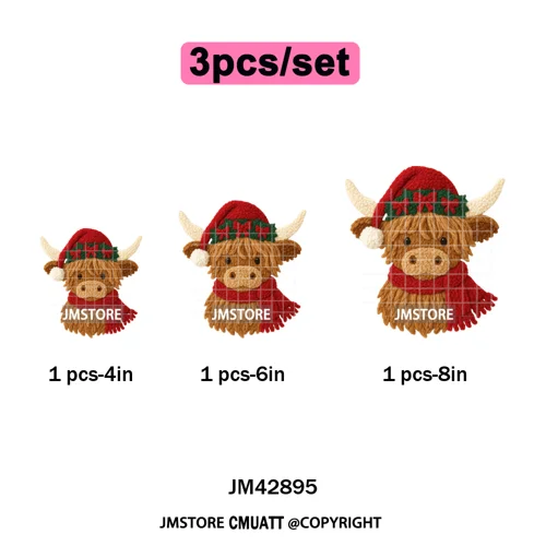 Preppy Faux Yarn Santa Tree Reindeer Cow Christmas Season Iron on DTF Washable Transfers Stickers Ready to Press for Clothing