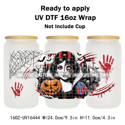 Halloween Witch Princess Bat Pumpkin UV DTF Wraps Transfer Stickers Waterproof High Quality For 16OZ Libbey Glass Can Tumbler