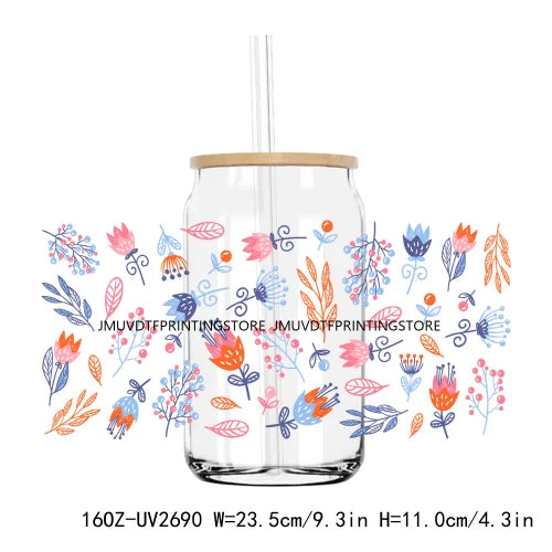 Colorful Wild Floral Flowers 16OZ UV DTF Cup Wrap Transfers Stickers Custom Labels DIY Waterproof Logo For Libbey Glass Can