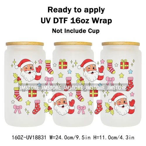 Christmas Bookish Santa Stocking Gifts UV DTF Cup Wrap Ready To Apply Transfer Stickers Waterproof For 16OZ Libbey Glass Can Mug