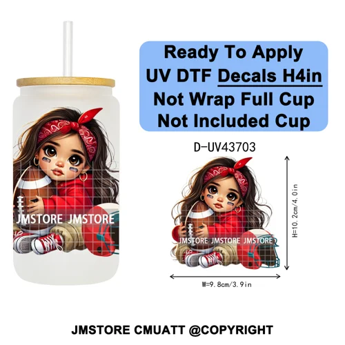 Cute Latina Baby Girl American Football UV DTF Cup Decals Ready To Apply Transfer Stickers Durable For Libbey Glass Can Tumbler