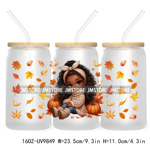 Afro African Girl 16OZ UV Cup Wrap DTF Transfer Stickers For Libbey Glass Can Cups Tumbler Fall Season Autumn Waterproof Labels