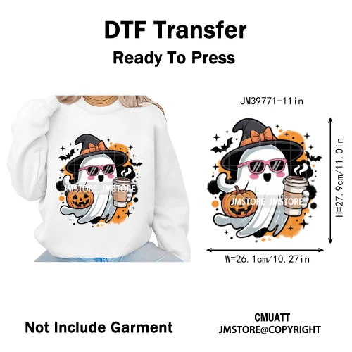 Spooky Coffee Lover Halloween Coquette Pumpkins Witches Ghost Iron on DTF Washable Transfers Stickers Ready to Press for Clothes