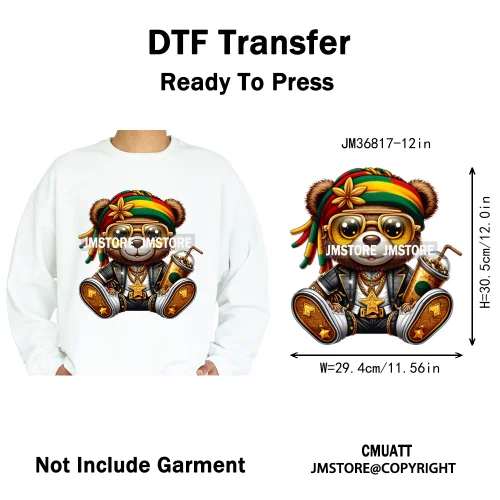 12in Hip Hop Vibes Urban Style Rich Bear With Gold Chains King Animal Iron on DTF Transfers Stickers Ready to Press for Textile