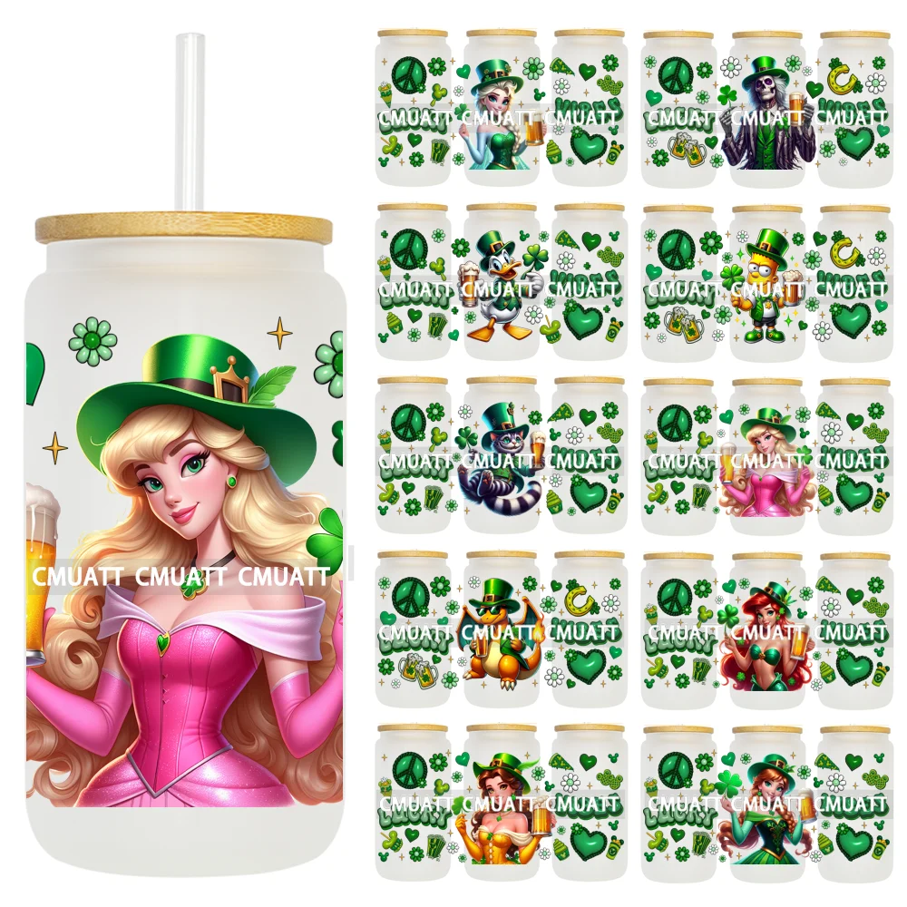 Cartoon Princess Girls St Patricks' Day Lucky Vibes 16OZ UV DTF Cup Transfer Wrap Sticker Waterproof Logos For Libbey Glass Can