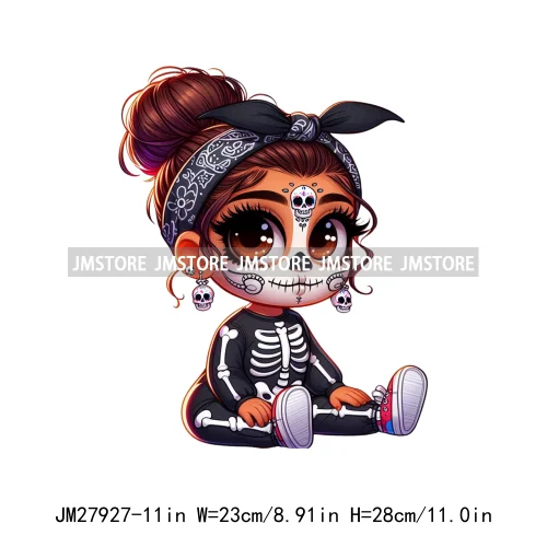 Halloween Skeleton Latina Baby Chibi Hispanic Girls Spooky Season DTF Iron On Transfers Stickers Ready To Press For Clothing