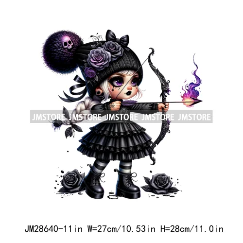 Gothic Girl Gnomes Halloween Witch Dolls Black Flowers Horror Vibes Iron On DTF Transfers Stickers Ready To Press For Clothing