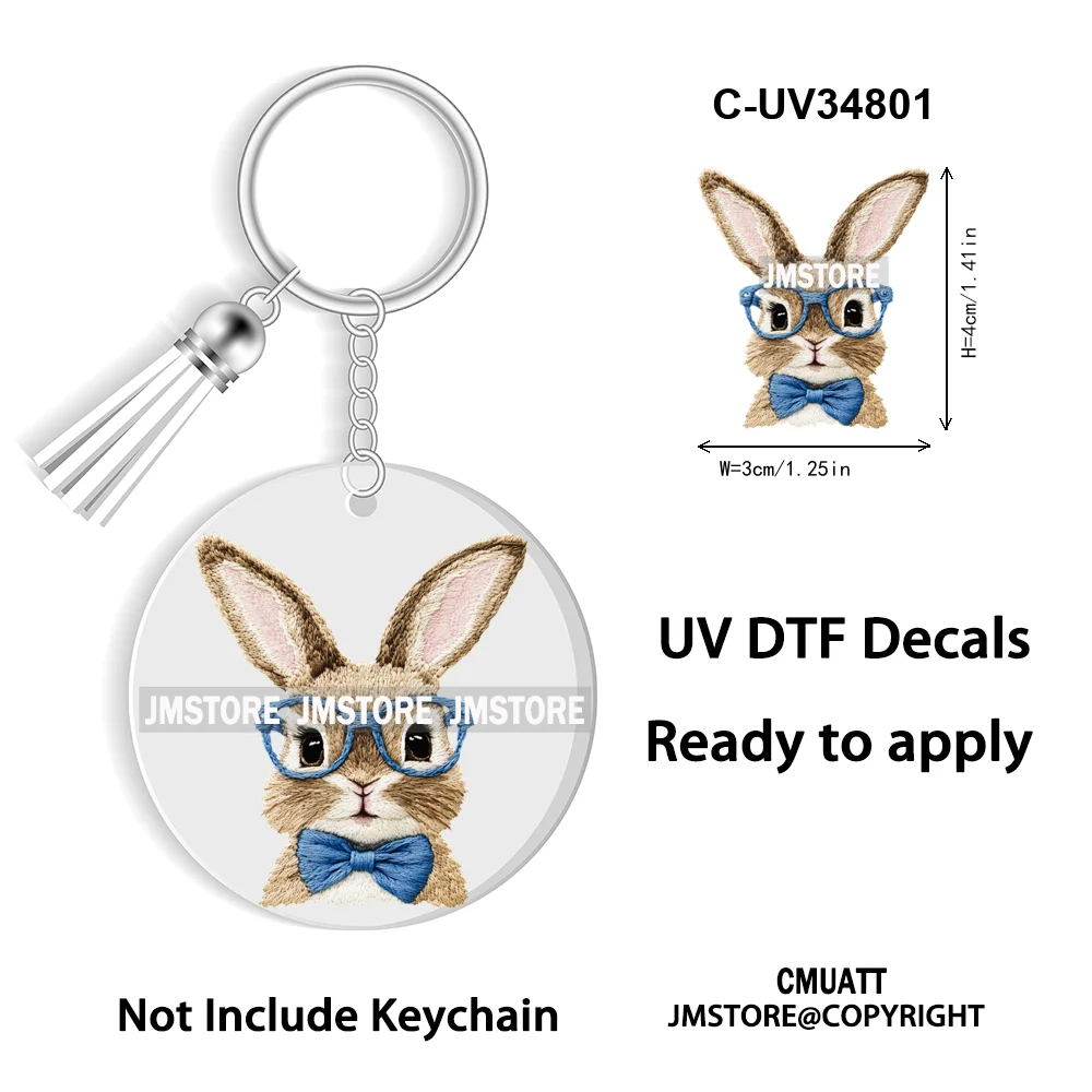 Faux Sequin Glitter Happy Easter Bow Retro Easter Bunny Blowing Bubble UV DTF Stickers for Round Circle Acrylic Keychain Keyring