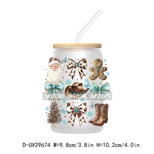 Coquette Cowgirl Christmas Highland Cow Bow UV DTF Transfer Stickers Decals For Libbey Cold Cups Mugs Tumbler Western Christmas