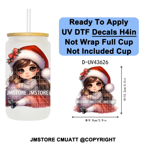 Chibi Cute Mexican Christmas Baby Girl UV DTF Decals Ready To Apply Waterproof Transfer Stickers For 16OZ Libbey Glass Can Mugs