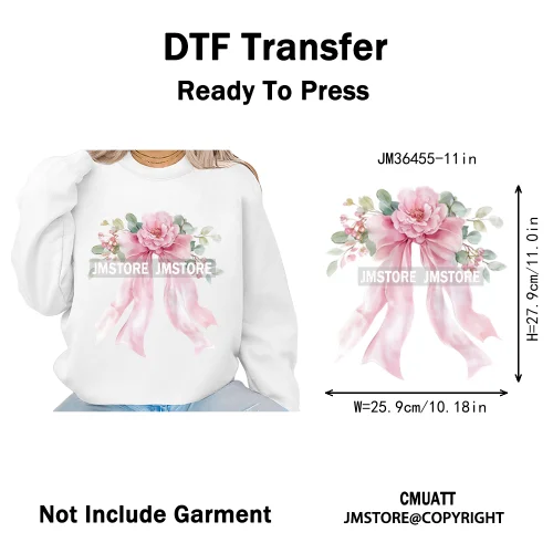 Pink Bow Silk Wedding Coquette Girl Ribbon Tied Printing Iron on DTF Thermal Transfers Stickers Ready to Press for Clothing Bags