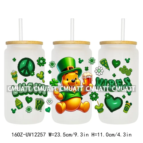 Happy St Patricks Cartoon Princess Characters Feeling Lucky Four Leaf Clover 16OZ UV DTF Cup Wrap Sticker For Libbey Glass Can