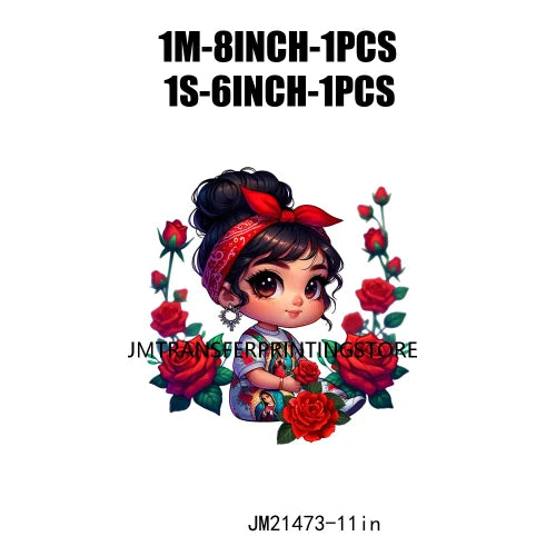 New Chibi Chicana Lovely Bow Rose Baby Girls Latina Princess Iron On DTF Heat Transfer Stickers Ready To Press For Clothing