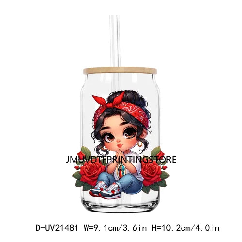 Chibi Cute Chicana Doll With Rose UV DTF Transfers Stickers Decals For Libbey Cold Cups Mugs Tumbler Mexico Waterproof DIY Logo