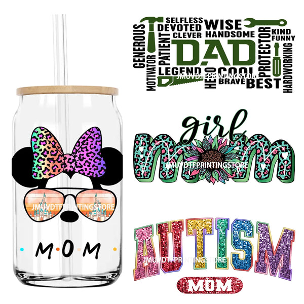 Faux Glitter Autism Mom 16OZ UV DTF Cup Wrap Transfer Sticker Custom Label DIY Waterproof Logo For Libbey Glass Can Father's Day