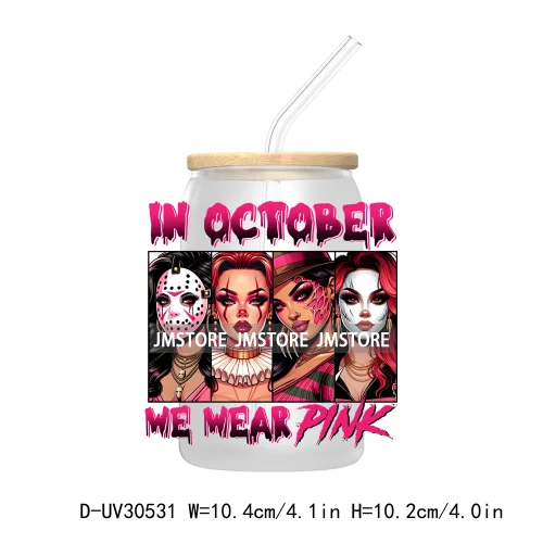 In October We Wear Pink UV DTF Transfers Stickers Decals For Libbey Cold Cups Mugs Tumbler Waterproof Craft Horror Movie Sisters