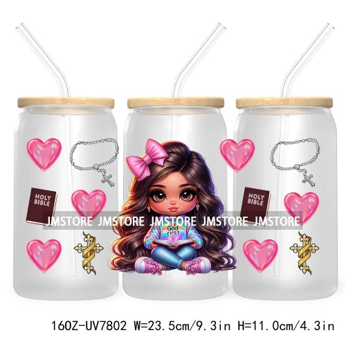 God First Latina Baby Girl 16OZ UV DTF Cup Wrap Transfer Stickers Custom Label Durable Waterproof Logo For Libbey Glass Can Rose