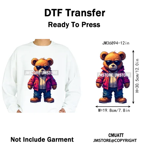 12in Colorful Graffiti Urban Stree Vibes Fearless Gangster Bear Washable Iron on DTF Transfer Sticker Ready to Press for Clothes