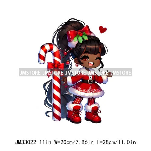 Fashion Black Santa Girls Candy Cane Afro Kids Christmas Season Iron On DTF Transfers Stickers Ready To Press For Sweatshirts