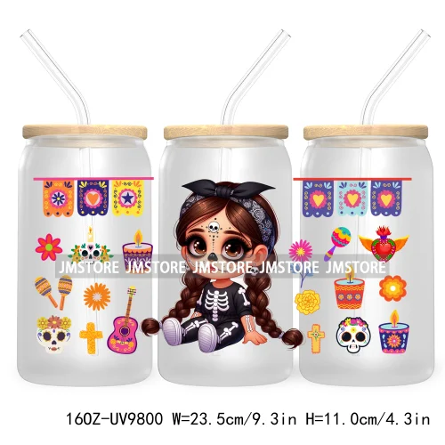 Day Of The Dead 16OZ UV DTF Cup Wrap Transfer Stickers Hispanic Chibi Baby Girl Custom Labels Waterproof For Libbey Glass Can