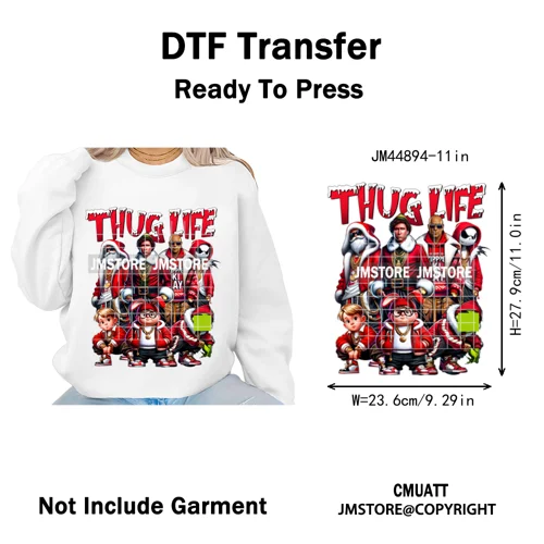 Winter Christmas Cartoon Holiday Characters Thug Life Green Iron on Washable DTF Transfers Stickers Ready to Press for Textiles