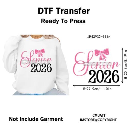 College Mega Senior 2K26 Coquette Class of 2026 Iron on Washable DTF Heat Transfers Stickers Ready to Press for Textiles Bags