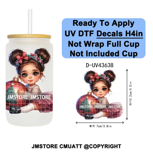 Chibi Cute Mexican Christmas Baby Girl UV DTF Decals Ready To Apply Waterproof Transfer Stickers For 16OZ Libbey Glass Can Mugs
